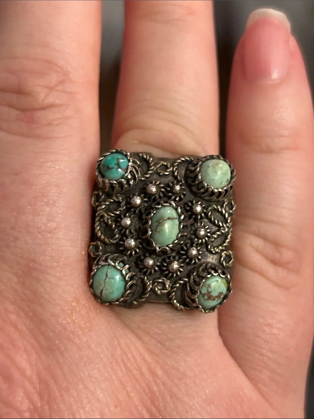 Antique Yemenite Filigree Genuine Turquoise Silver Ornate Ring